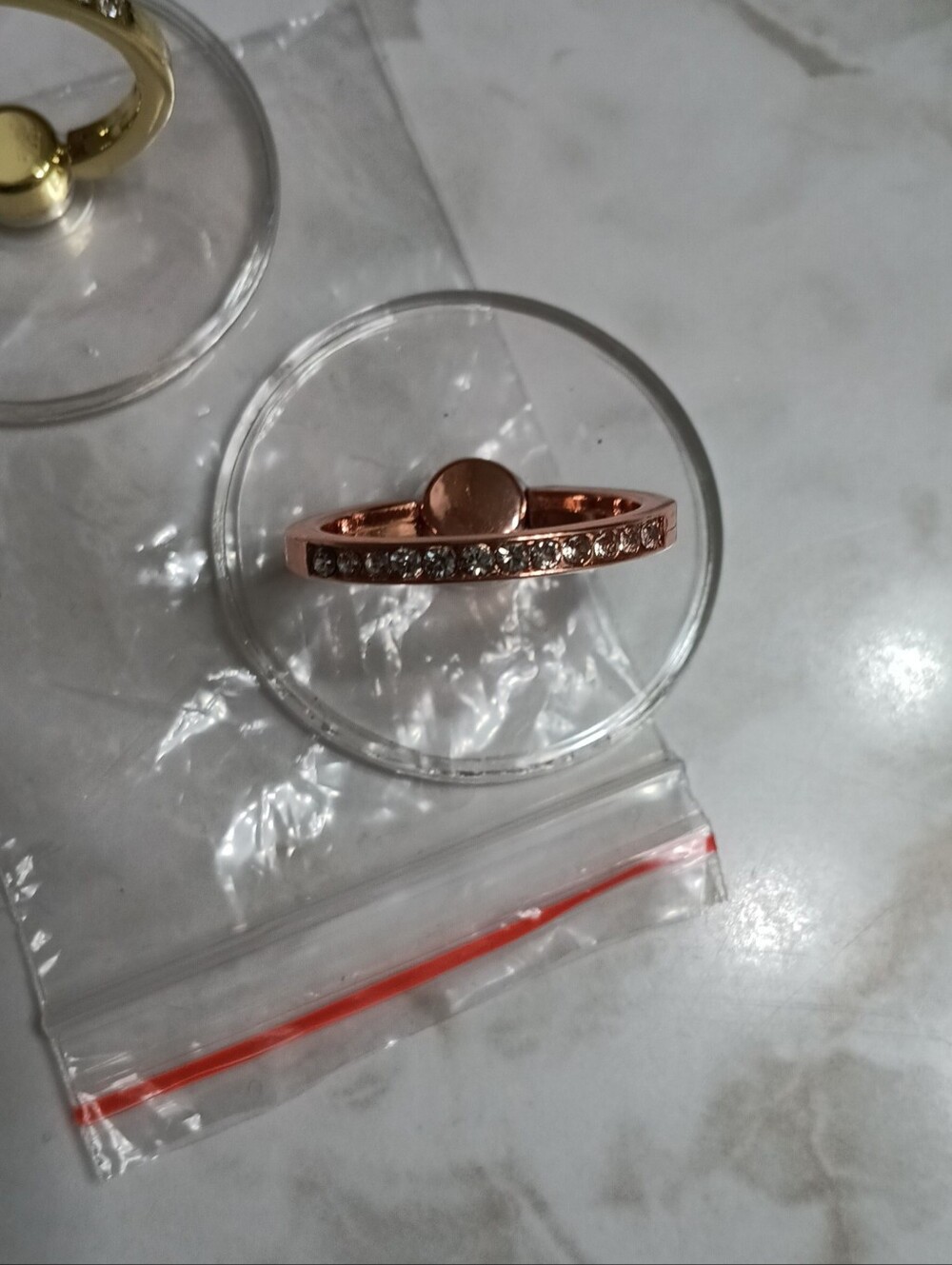 Transparent Cell Phone Finger Grip Ring (1", Coppery Rose-Gold with Bling)